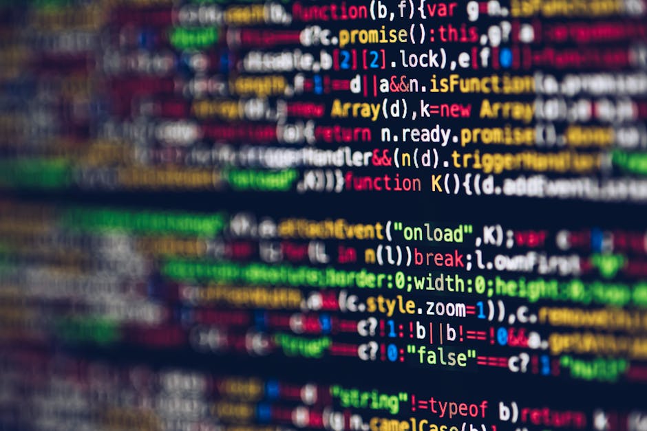 A close-up image of a computer screen displaying colorful lines of programming code, including keywords, variables, and functions written in JavaScript. The code features syntax highlighting with colo